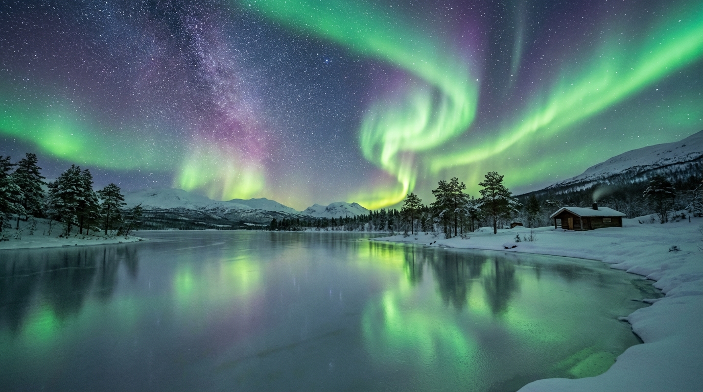 Aurora boreal con colores verdes y púrpuras reflejada sobre un lago helado en Noruega