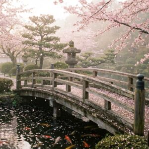 Jardín japonés con cerezos en flor pétalos rosas cayendo sobre un puente de madera y estanque de koi