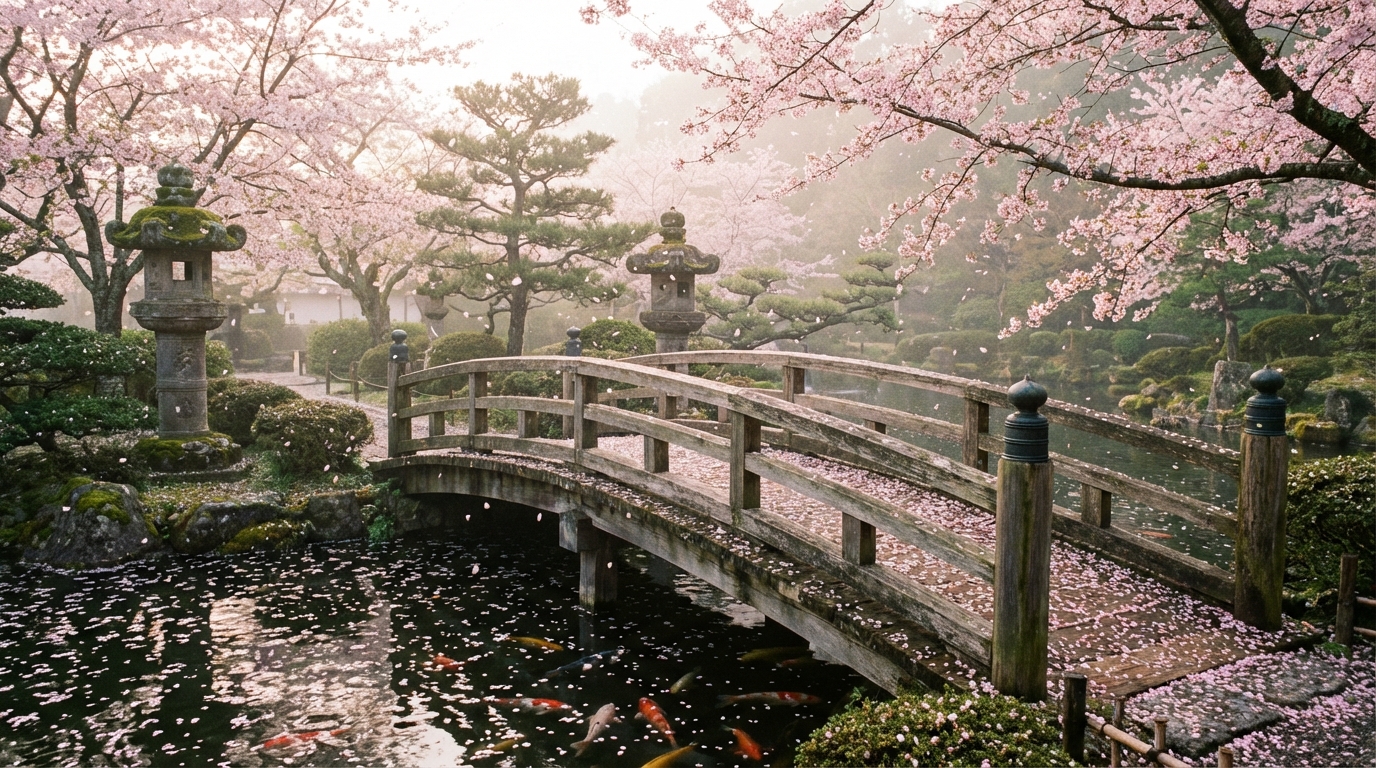 Jardín japonés con cerezos en flor pétalos rosas cayendo sobre un puente de madera y estanque de koi