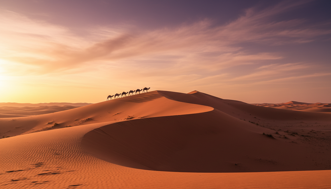 Paisaje desértico al atardecer con dunas naranjas y silueta de caravana de camellos